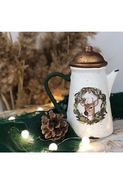 Handmadesign Kapaklı El Yapımı Seramik Sürahi - Çelenki Geyikli ( Yeşil Sap/ ...