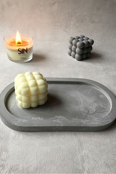 sin istanbul Oval Plate Concrete Gray Marble Pattern Jewelry Plate, Candle Holder, Organizer, Presentation Holder, Coaster
