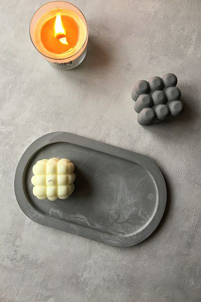sin istanbul Oval Plate Concrete Gray Marble Pattern Jewelry Plate, Candle Holder, Organizer, Presentation Holder, Coaster