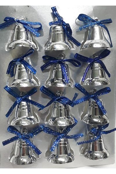 parti sürprizi Silver Color Pine Tree Bell Ornament with Blue Ribbon 12 Pieces