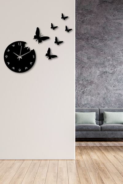 NT Handmade Siyah Ahşap 7 Parça Kelebekler Duvar Saati Salon Oturma Yatak Odası Mutfak Için 85x74 Duvar Dekoru