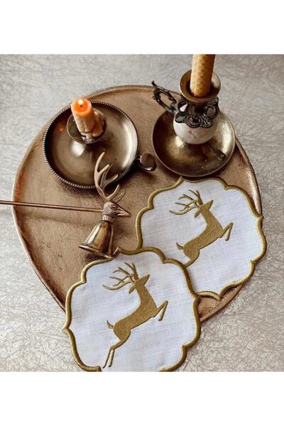 cantasarım ev tekstili Yılbaşı Geyik Işleme 2'li Keten Kokteyl Peçetesi 15x15 Cm