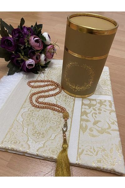 AYHANHOME Dowry Gift Boxed Gold Prayer Rug Set, Luxury Taffeta Prayer Rug, Pearl Prayer Beads