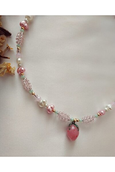 Fata Morgana Accessory Pembe Murano Çilek Uçlu Barok Incili Üzüm Boncuk Kolye
