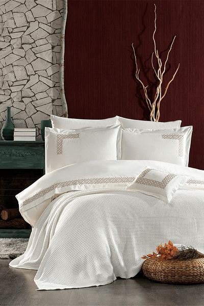 Minelya Home Collection Σετ παπλωματοθήκη 8 τεμαχίων πλεκτών και κεντητό Alaca διπλό βαμβακερό παπλωματοθήκη