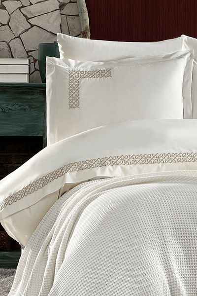 Minelya Home Collection Σετ παπλωματοθήκη 8 τεμαχίων πλεκτών και κεντητό Alaca διπλό βαμβακερό παπλωματοθήκη