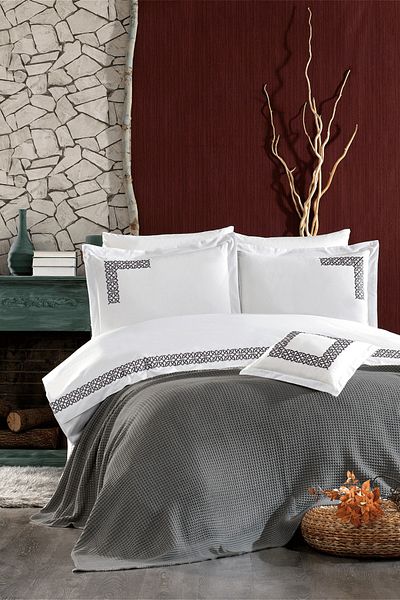 Minelya Home Collection Σετ κρεβατιού 8 τεμαχίων πλεκτό και κεντημένο Alaca διπλό βαμβακερό γκρι σεντόνια
