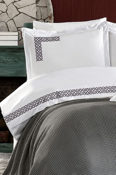 Minelya Home Collection Σετ κρεβατιού 8 τεμαχίων πλεκτό και κεντημένο Alaca διπλό βαμβακερό γκρι σεντόνια