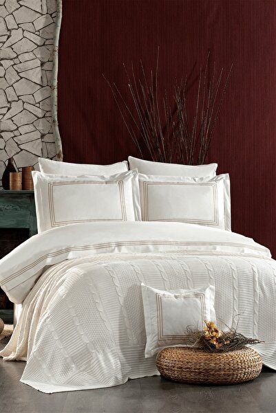 Minelya Home Collection طقم غطاء لحاف من 8 قطع من القطن الكريمي المزدوج مع بط...