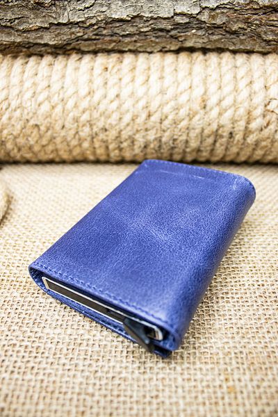 willpolo Πορτοφόλι θήκης κάρτας από γνήσιο δέρμα Crazy Leather Mechanism Navy Blue