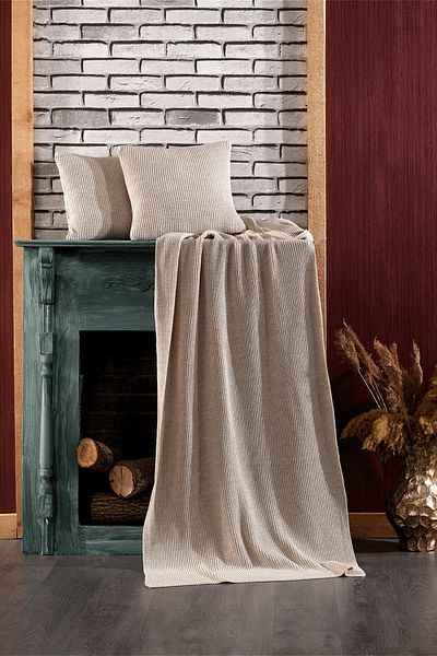 Minelya Home Collection 3 Piece Ilgaz Beige Knitwear Bed Runner And Pillowcase Set