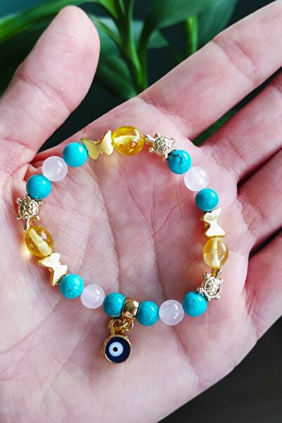 Natural Jewelleryy Turkuaz, Pembe Kuvars Ve Kehribar Doğaltaş Çocuk Bilekliği