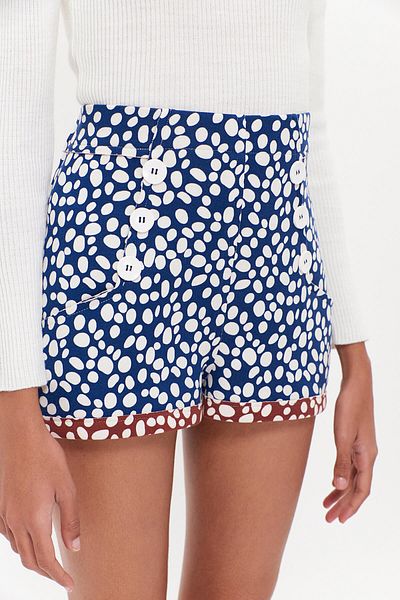 Hanna's by Hanna Darsa Women's Navy Blue-tan White Polka Dot 2 Pocket Ornamental Buttoned Knitted Shorts