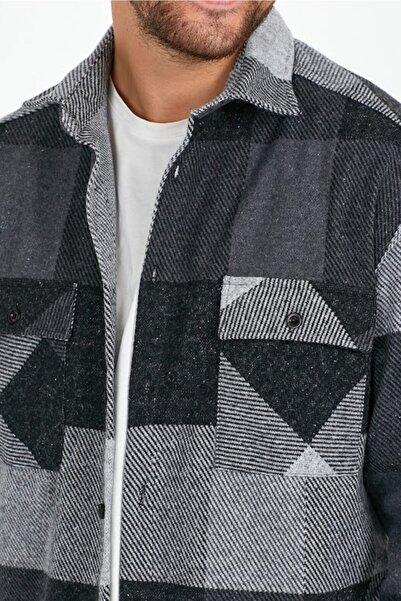 Gavazzi Men's Black Oversize Long Sleeve Checked Plaid Thick Fabric Lumberjack Shirt