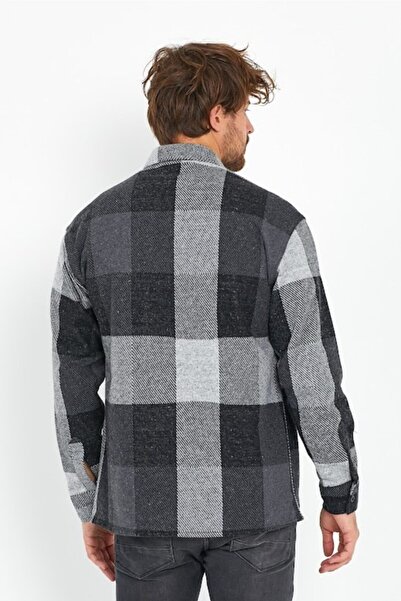 Gavazzi Men's Black Oversize Long Sleeve Checked Plaid Thick Fabric Lumberjack Shirt