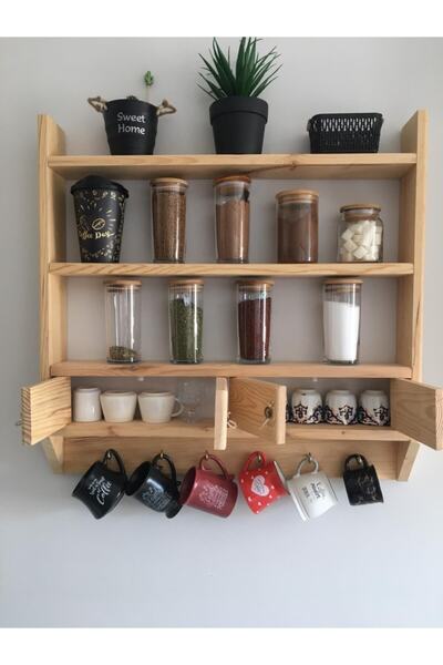 Genel Markalar Büyük Boy Ahşap Terek Baharatlık Mutfak Rafı