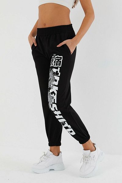 MODAGEN Women's Black Big Dragon Printed Sweatpants
