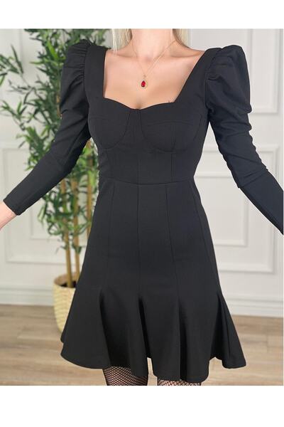 lovebox Kadın Göğüsü Kup Detay Uzun Kollu V Yaka Siyah Kısa Abiye Elbise 104