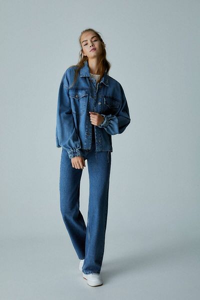 Trn JNS Pantaloni Palazzo de blugi largi din lycra albastru mediu cu talie super inalta. (SUPER ÎNALT) Picior lat