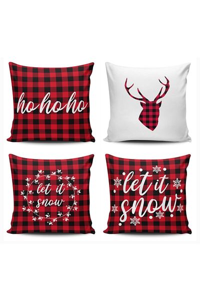 Alacastore Set de 4 huse de pernă cu fundal în carouri roșii cu tematică de Anul Nou și iarnă 43x43