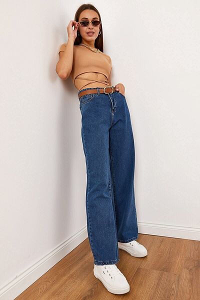 Trn JNS Blugi largi din lycra albastru închis cu talie super înaltă Pantaloni Palazzo. (SUPER ÎNALT) Picior lat
