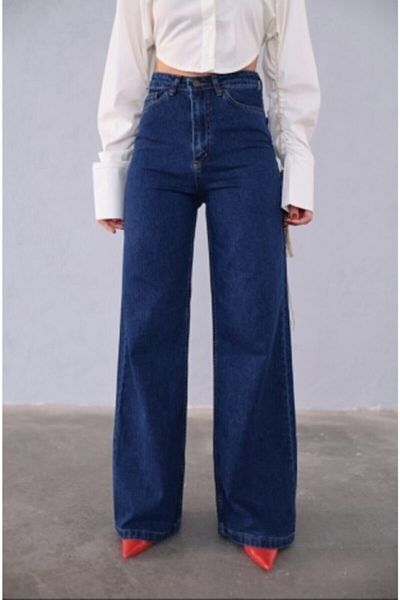 Trn JNS Anii '90, albastru închis Lycra, blugi largi cu talie super înaltă Pantaloni Palazzo. (SUPER ÎNALT) Picior lat