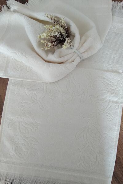 Şelale Etamin 30x50 Velvet Jacquard με κρόσσια κενά Πετσέτα κουζίνας με σταυροβολία Λευκή