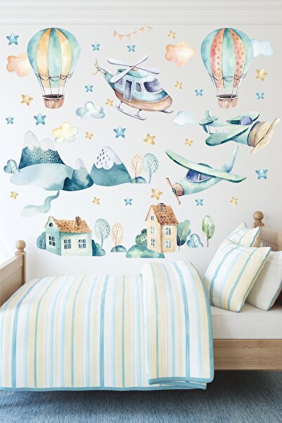 Sticker Ekspres Benim Dünyam Uçak Helikopter Balon Çocuk Odası Duvar Sticker ...