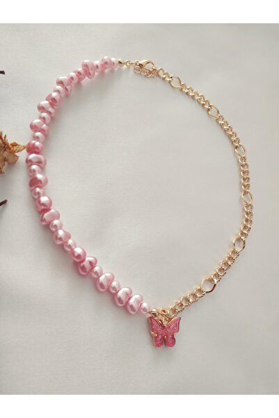 Fata Morgana Accessory Pembe Kelebek Uçlu Barok Incili Gold Rengi Kararmaz Zi...