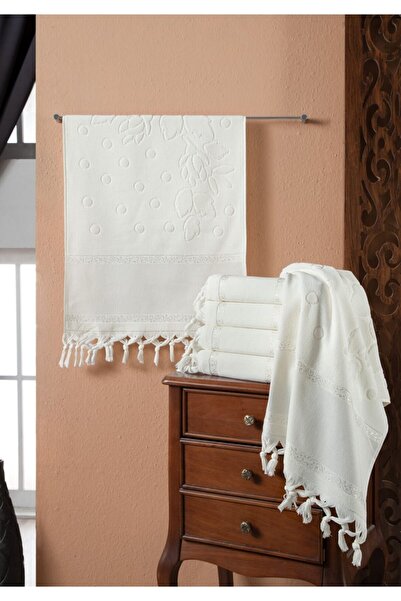 Fiesta 6 Adet 50x90 Krem Etamın Jakarlı Baglama Sacaklı Soft El Yüz Havlusu K...