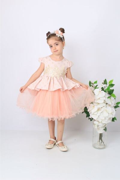 ÖFİ Kids Kız Jakarlı Kabarık Tüllü Pudra Pembe Abiye