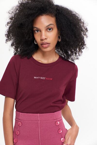 Hanna's by Hanna Darsa Kadın Bordo Why Not Now Nakışlı Basic Örme T-shirt