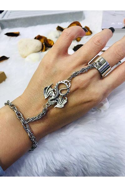 Köstebek Gothic Stainless Steel Bracelet Ring With Dragon