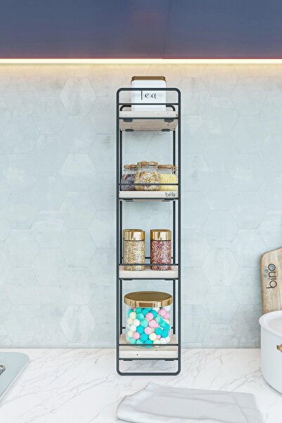 Bino Sofra Mutfak Düzenleyici Mutfak Rafı Organizer Ahşap Doğal Lüks Metal Siyah 4 Katlı Raf