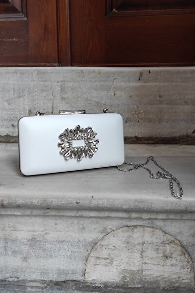 LA CALZATURE Geanta cutie de piatra pentru rochie de seara din piele alba