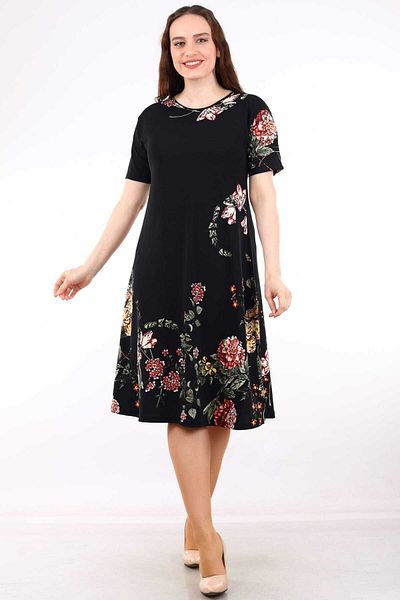 Alesia Black Viscose Patterned Short Sleeve Iron-Free Dress - Mhmt034