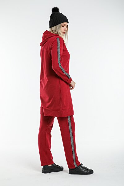 CNG MODA Plus Size Claret Red Hooded Sleeve Striped Tracksuit Set