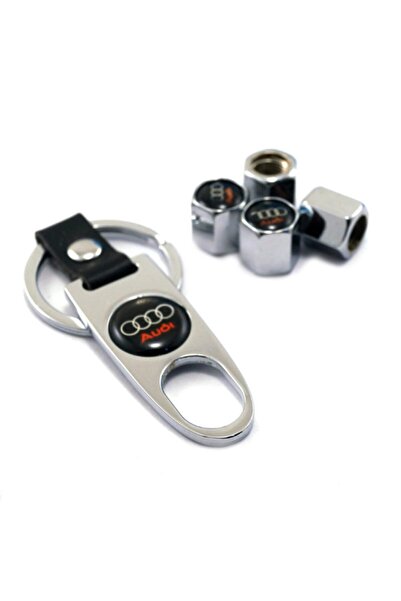 GARDENAUTO طقم غطاء صمام معدني بلون الكروم وسلسلة مفاتيح لسيارة أودي E-tron