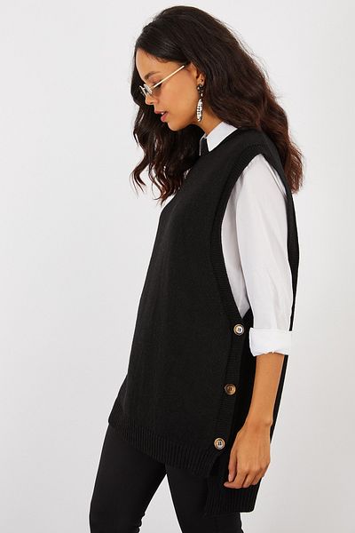 Cool & Sexy Schwarze, seitlich geknöpfte, ärmellose Stricktunika für Damen YV75