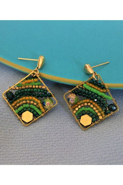 delay art Green Beaded Authentic Earrings Gold Color Ethnic Bohemian Handmade Bijouterie Jewelry .Length: 3 cm