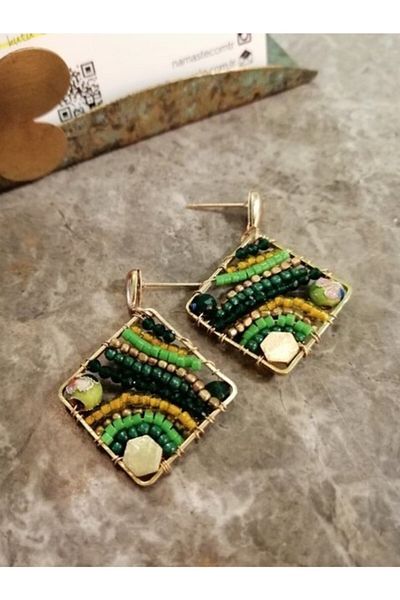 delay art Green Beaded Authentic Earrings Gold Color Ethnic Bohemian Handmade Bijouterie Jewelry .Length: 3 cm