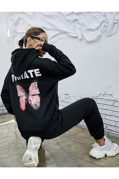 LAPS Tricou negru privat cu glugă pentru femei