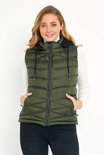 DYNAMO Γυναικείο Χακί Πουφερ Γιλέκο με Φλις Εσωτερική Κουκούλα