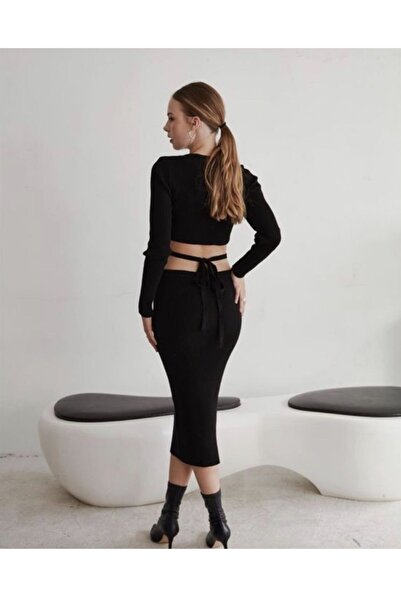 Niceboutique Waist Detail Black Knitwear Dress