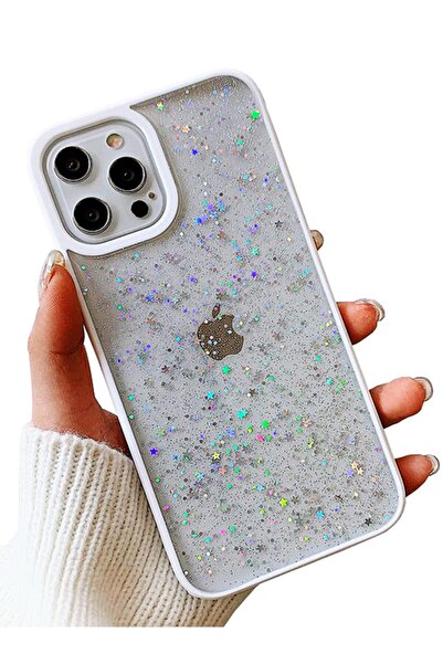 Molly Iphone 12 Pro Max Uyumlu Kenarları Beyaz Renkli Simli Şeffaf Silikon Pc...