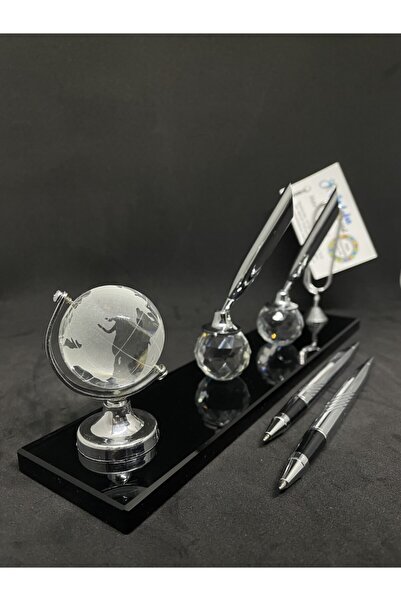 Gündoğan Kristal مكتب هدية زجاجي لسطح المكتب باللون الفضي مع قلم مزدوج وكرة أرضية وحامل بطاقة ملاحظات
