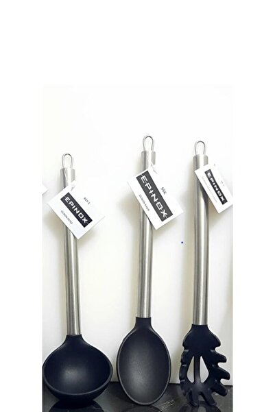 Epinox Silikon 3 Lü Mutfak Seti Siyah Kepçe Kaşık Spagetti Kaşığı