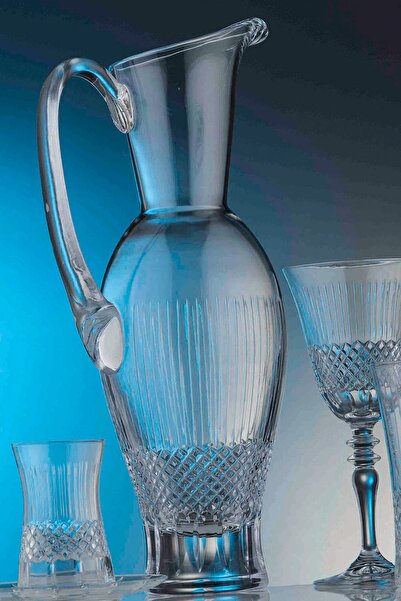 KCD Antik Sade Kesme El Dekor Yaldızlı Desenli Cam Karaf Sürahi