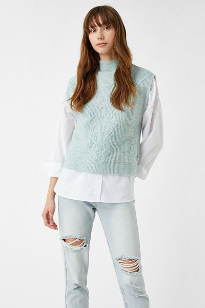 Koton Rollkragen-Kurzarm-Strickpullover für Damen 2kak92938ht