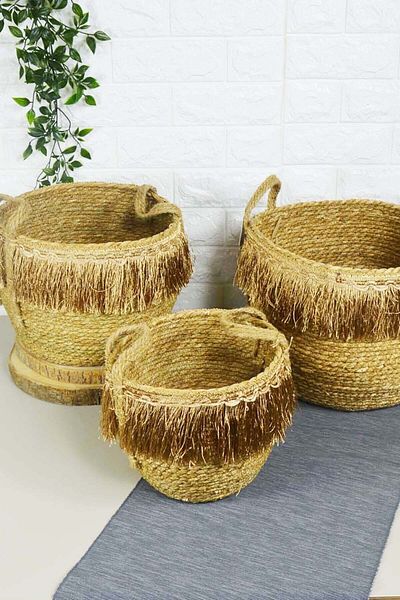 SepetçiBaba Wicker Saddle with Tassel - Native Set of 3